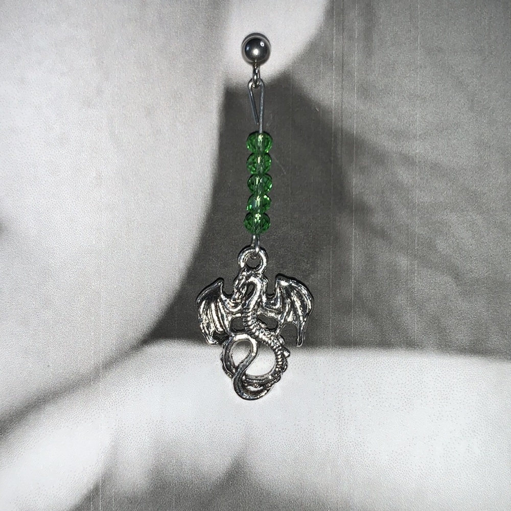 Handcrafted Green Beaded with Silvertone Dragon Pendant Post Earrings